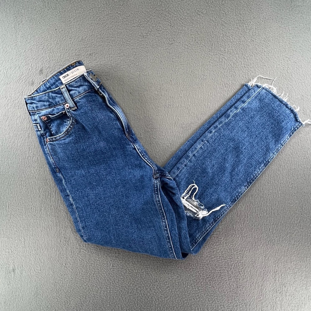 ASOS Women Mom Jeans Blue Distressed Cotton 25/28 High Waisted Grunge Streetwear